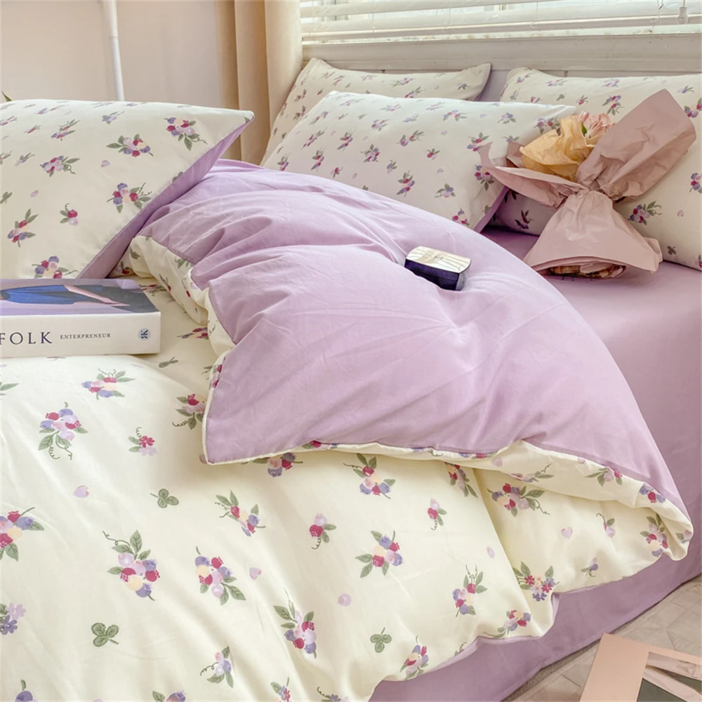 Home Textiles Comfortable Duvet Cover Pillowcase Purple Fruit Four-piece Bedding Set for Children Women Men Washed Cotton