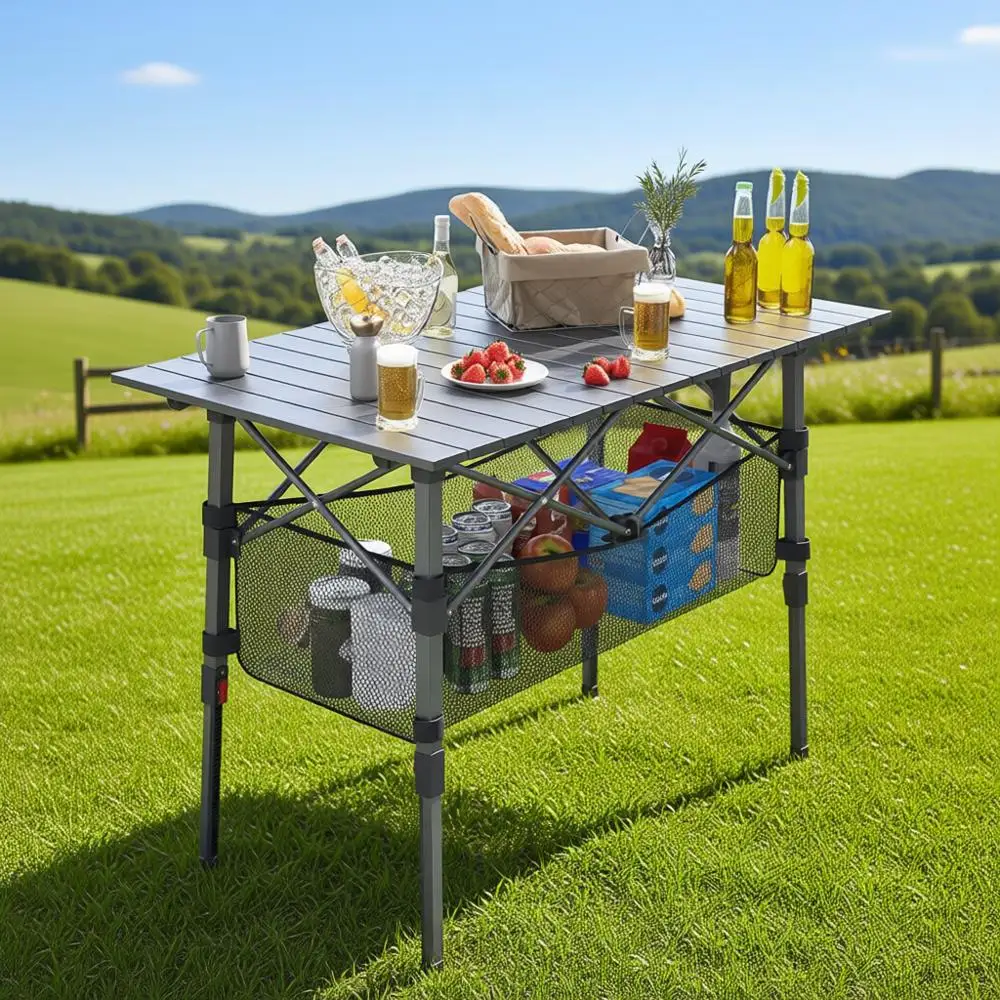 

Регулируемый по высоте портативный стол для кемпинга, легкий складной пляжный стол для пикника с большой корзиной для хранения (средний размер, 37, черный)