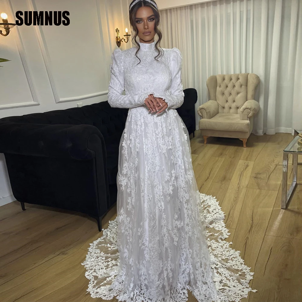 

SUMNUS Luxury Full Lace Mermaid Wedding Dresses Long Sleeve A Line Bride Dress High Neck Israel Wedding Bridal Gowns Customized