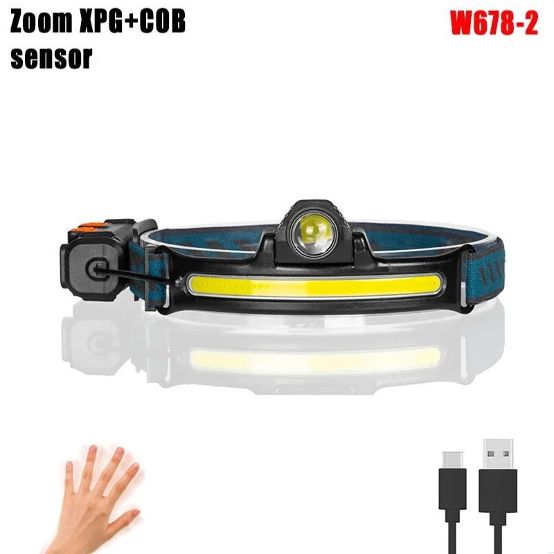 Wave Sensor LED Headlamp Powerful XPG+COB Headlight with Built-in 18650 Battery