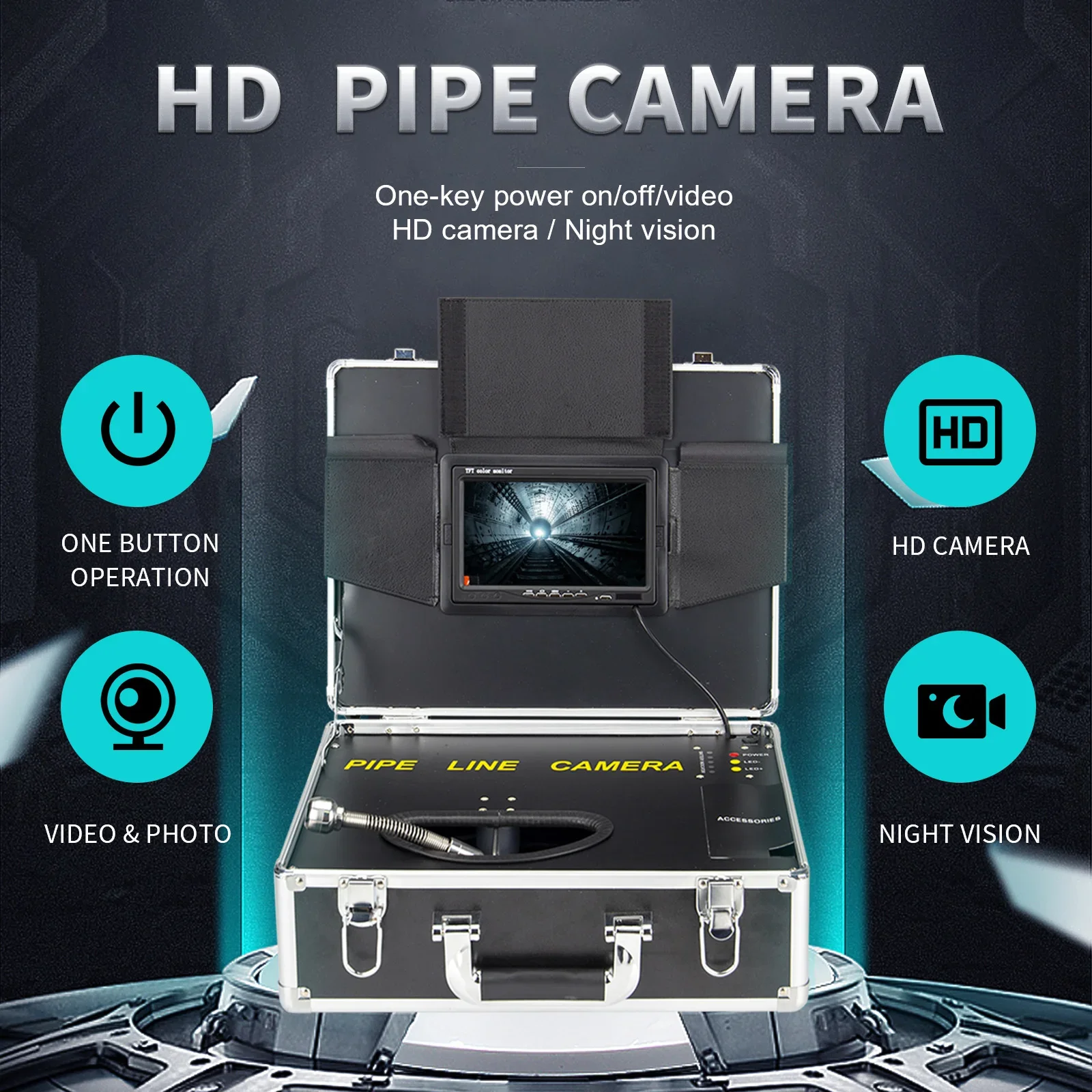 Pipe Inspection Camera, 7/9 Inch Colour HD 1080P Monitor Sewer  Endoscope Camera With 8GB DVR Vedio Recording 25MM Camera Head I