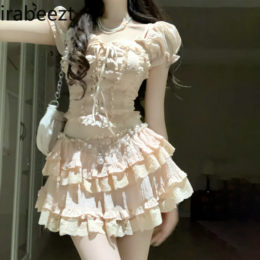 2024 Summer Slim and Pure Sexy Girly Style Square Neck Top Puffy Skirt Suit Mainland China Womens Two Peice Sets