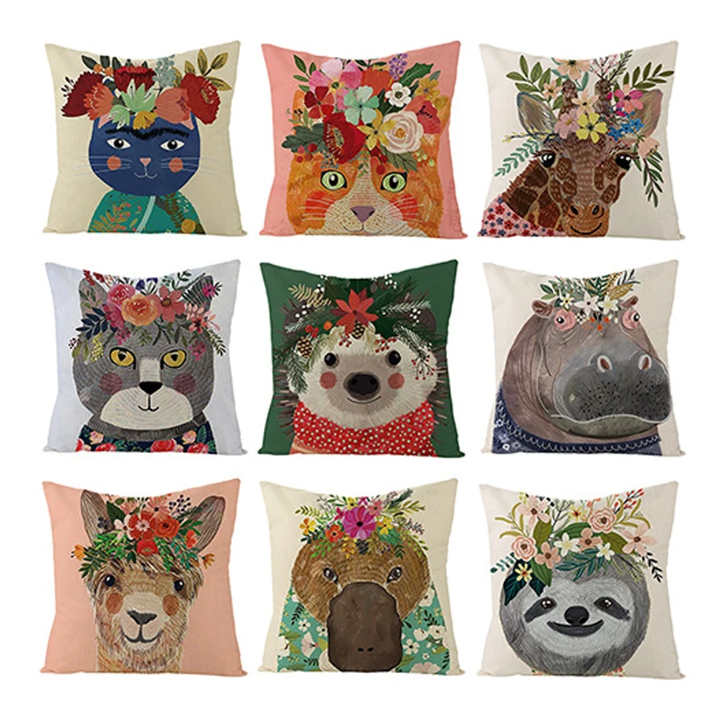 Flower Animal Pillow Cover Cute Cat Lion Linen Pillow Case Boy Girl Living Room Bed Sofa Chair Pillowcase 40x40 Cm Boy Girl Gift