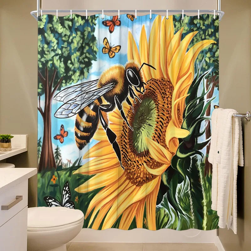Rideau de douche abeille et tournesol, 1 pièce, Art botanique papillons, Polyester, 70,8x70,8 pouces, 12 crochets, décor de salle de bain élégant