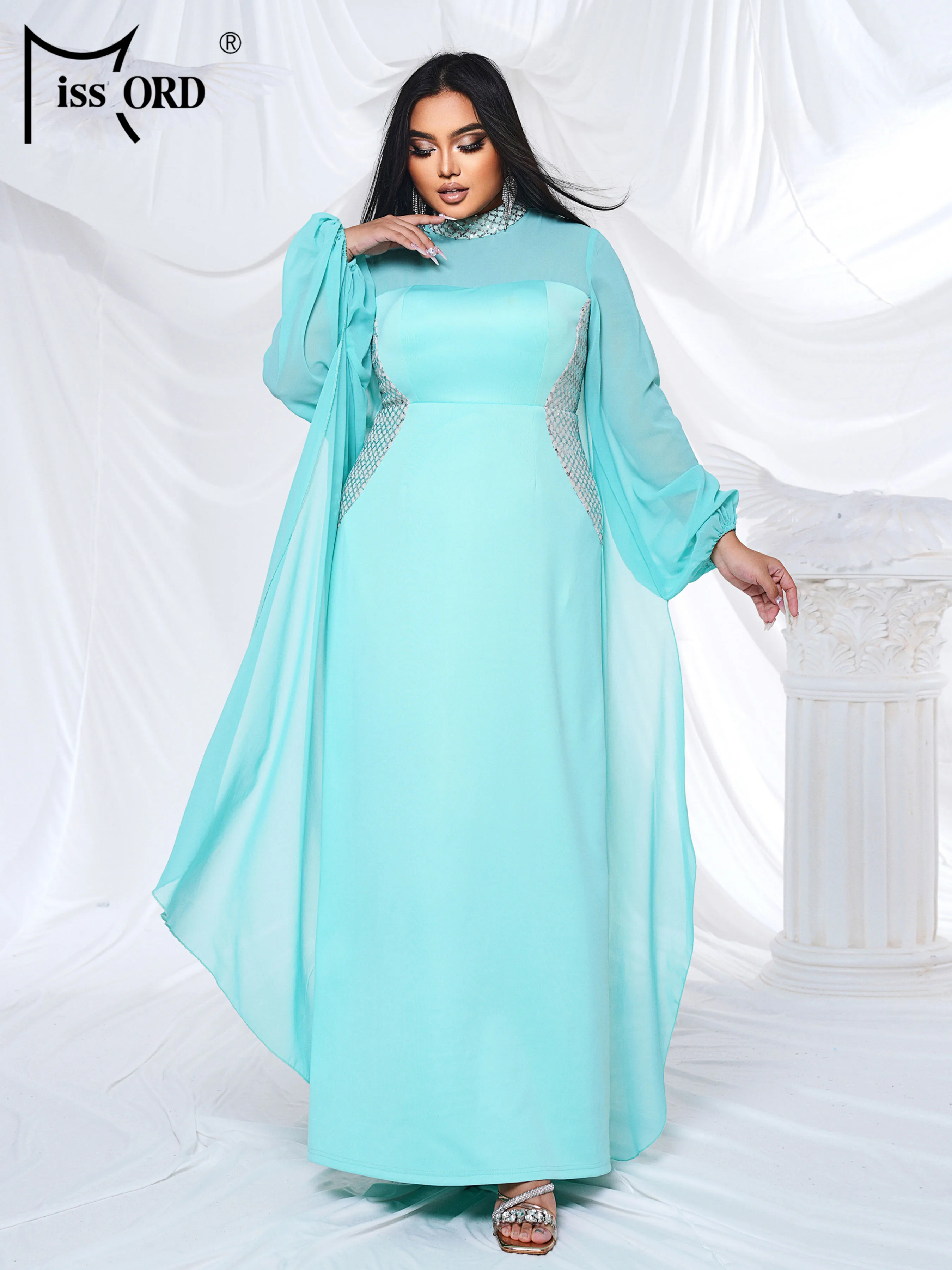 Missord Plus Size New Blue Round Neck Long Sleeved Elegant Evening Gown Wedding Birthday Party Elegant Beautiful Women's Dress