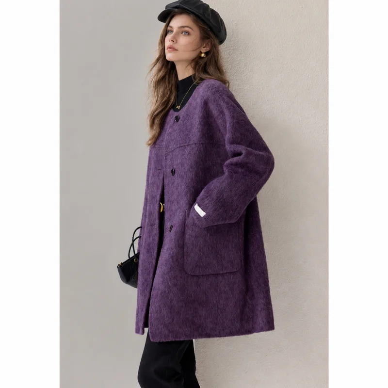 Women's Round Collar Mid Length Wool Blend Coat Oversized Button Front Textured Purple Wool Overcoat for Fall Winter