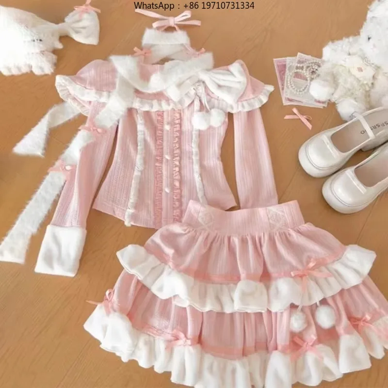 Women Kawaii Lolita 2 Piece Set Off Shoulder Long Sleeve Bow Top Cake Skirt Pink Preppy Suit