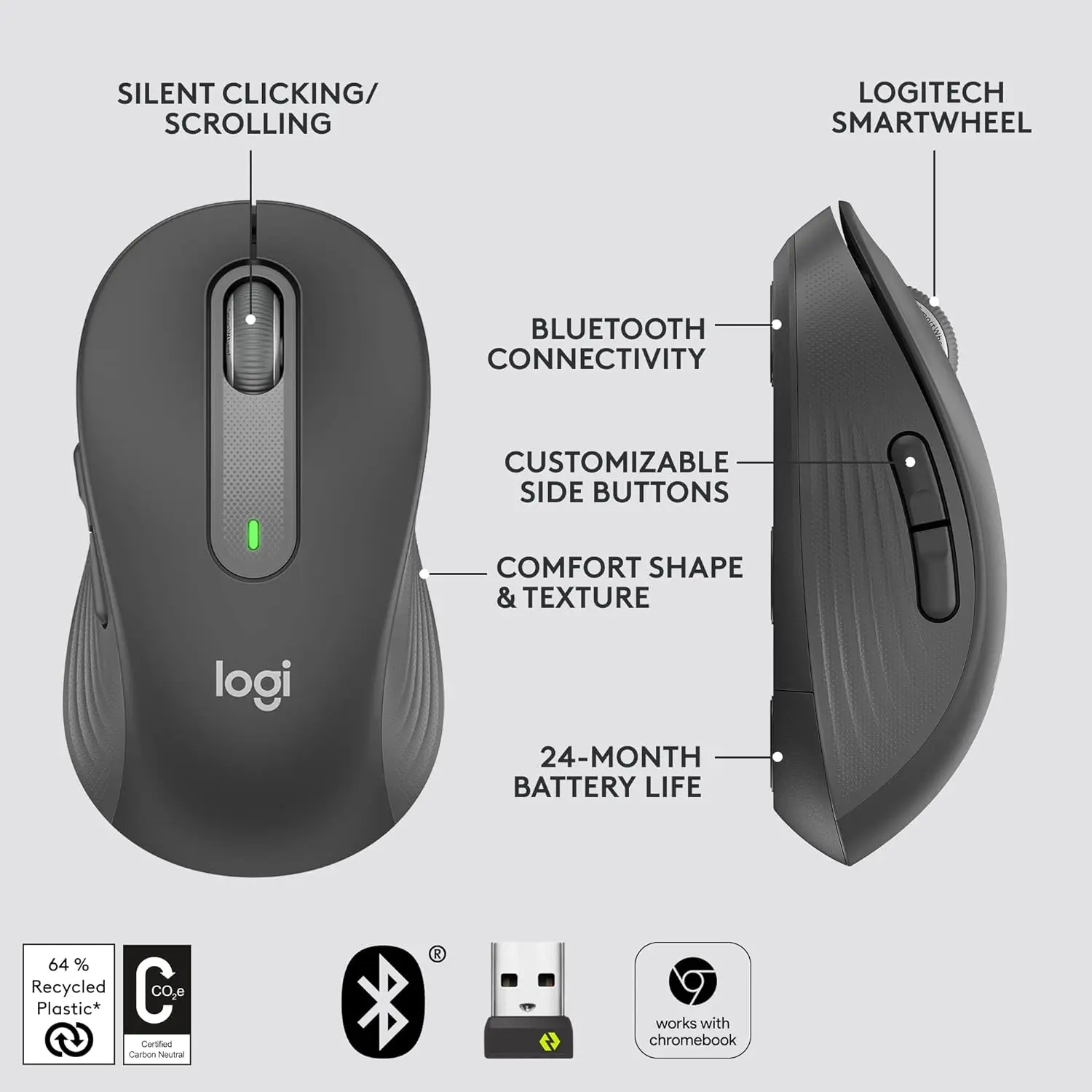 Original Logitech M650 Bluetooth Wireless Mouse Silent Clicks for PC/Mac/Multi-Device/Chromebook Office Laptop Sensor Technology