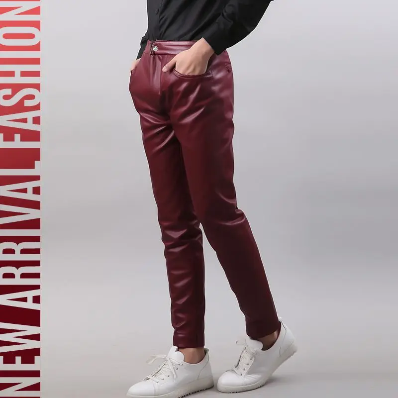 

Nightclub Party Dance Pants Thin Men's Leather Pants Skinny Fit Elastic Fashion PU Leather Biker's Trousers Streetwear Leggings