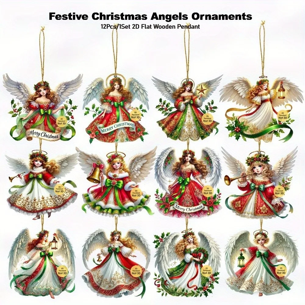 12-teiliges neues handgefertigtes Victoria-Engel-Ornament-Set, 2D-flacher Weihnachtsbaum-Anhänger aus Holz, traditionelles Design, DIY-Weihnachtsdekorationen – Detail 5