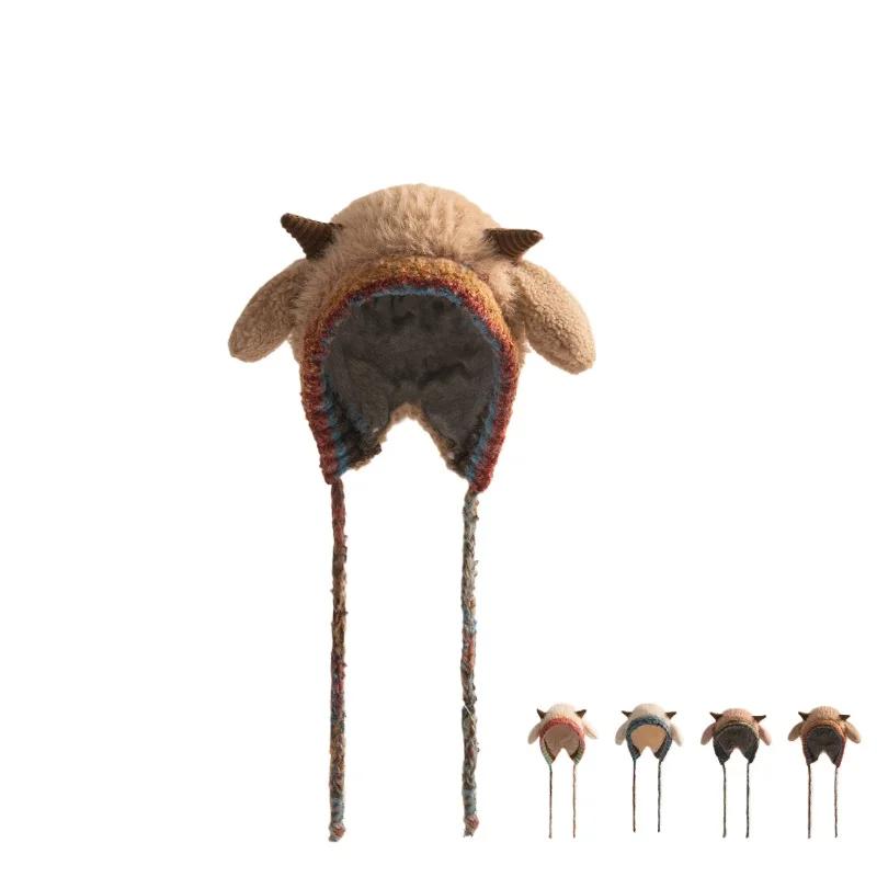 

Зимняя теплая утолщенная вязаная плюшевая шапка для детей старше 2 лет, милая детская шапка с коровьим рогом, пуловер для защиты ушей, шерстяная шапка для детей и женщин