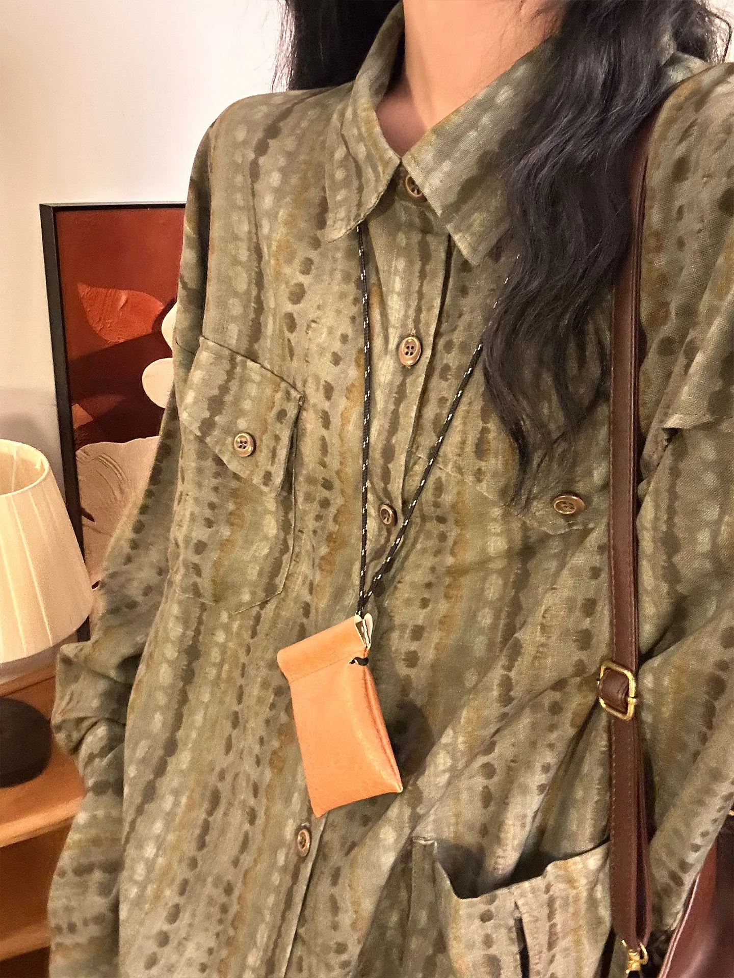 Original American Vintage Striped Floral Loose Long Sleeve Women's Shirt Casual Hong Kong Style Top Streetwear Polyester Fiber