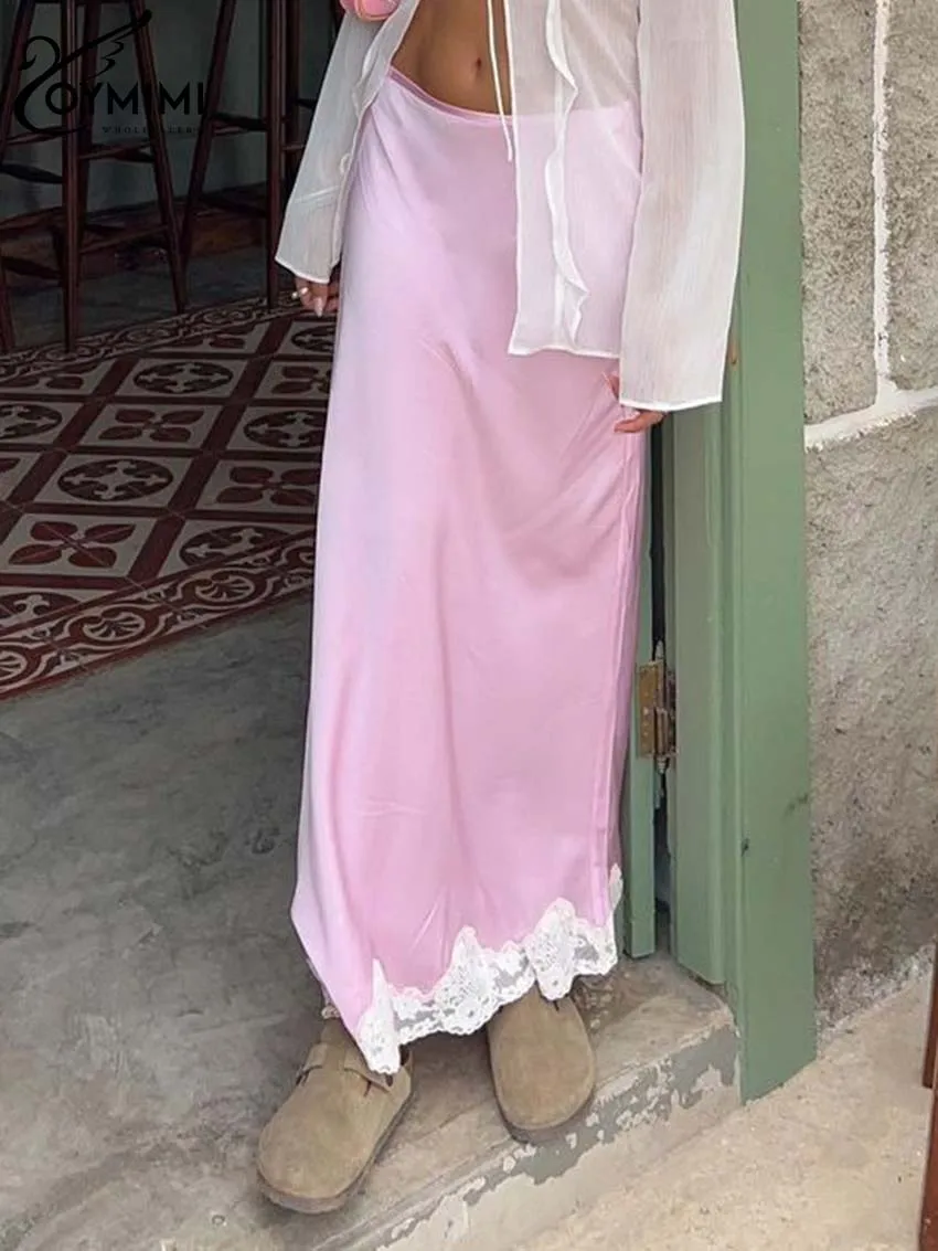 Oymimi eleganckie różowe koronkowe spódnice dla kobiet Casual patchworkowe spódnice z niskim stanem Streetwear moda nowa prosta spódnica do kostek