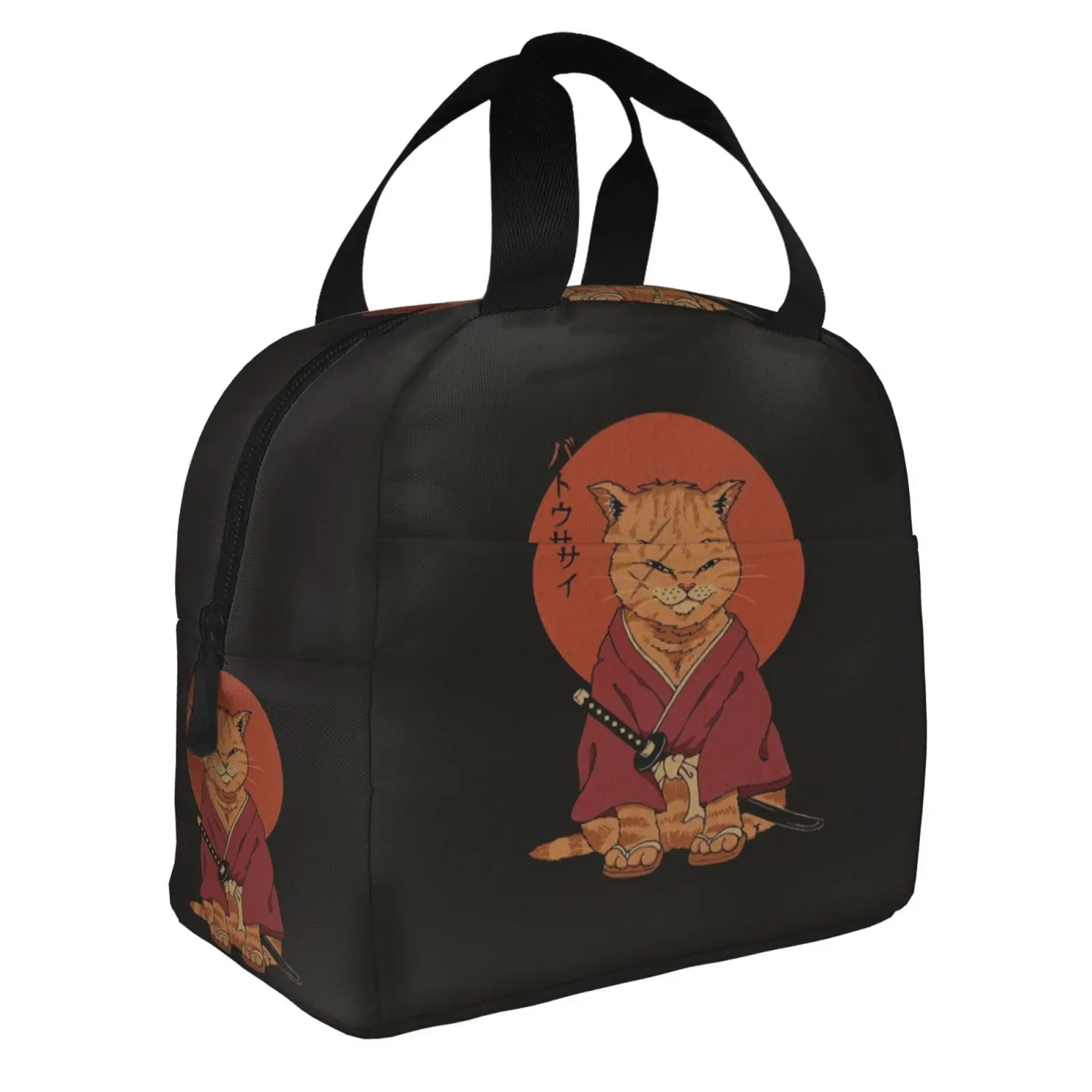 Japan Samurai Cat Print Lunch Bag Women Portable Cooler Thermal Insulated Lunch Box for Kids School Multifunction Food Bento Box