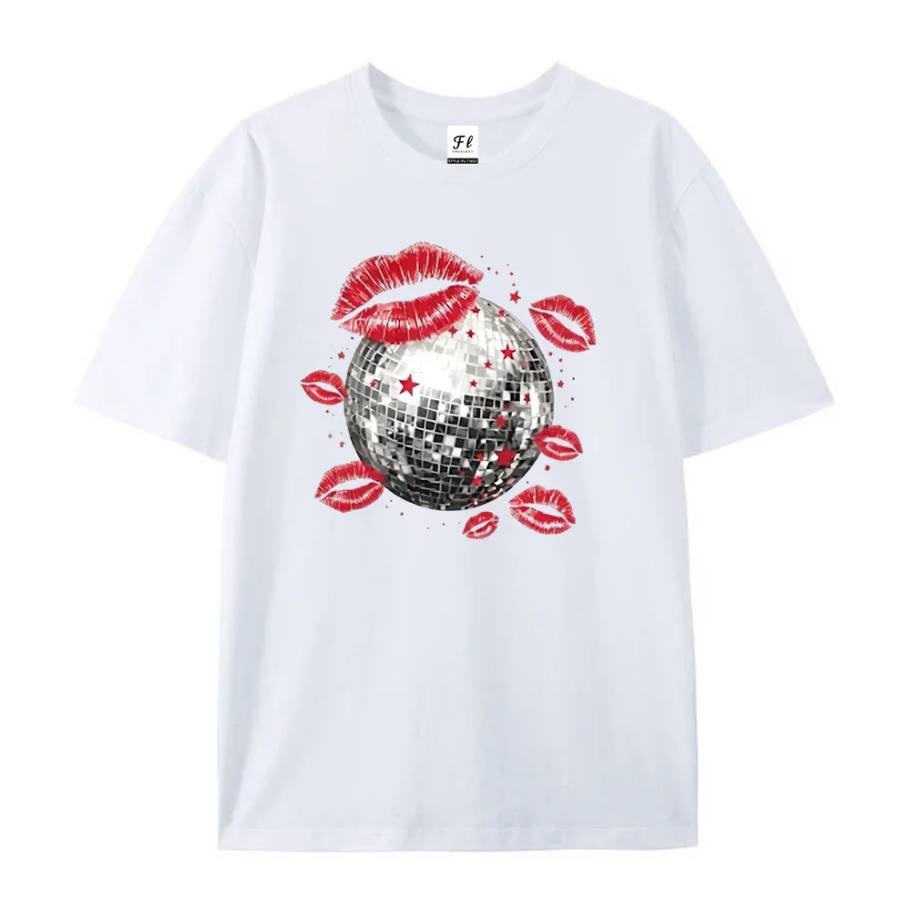 Vintage Disco Ball Red Lip Kiss Print Women T‑Shirt O Neck Short Sleeve Casual Loose Tee Retro Party Streetwear Tops For Ladies