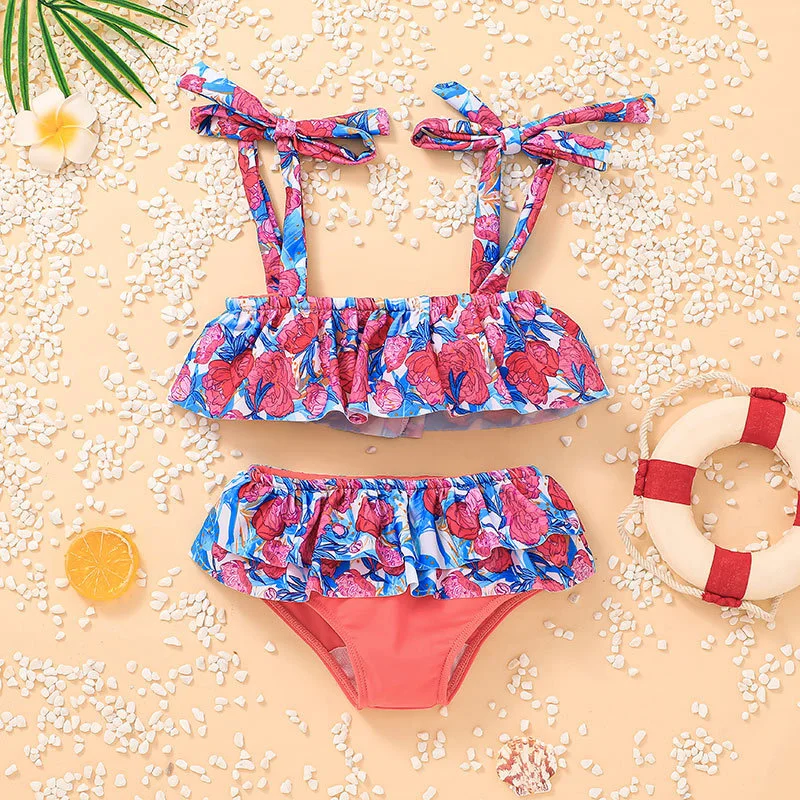 

Baby Girls Ruffle Sling Swimsuit Sets Fashion Lovely Swimwear Toddler Bow Bikini Swimsuit 2022 New Swimming Clothes Suit