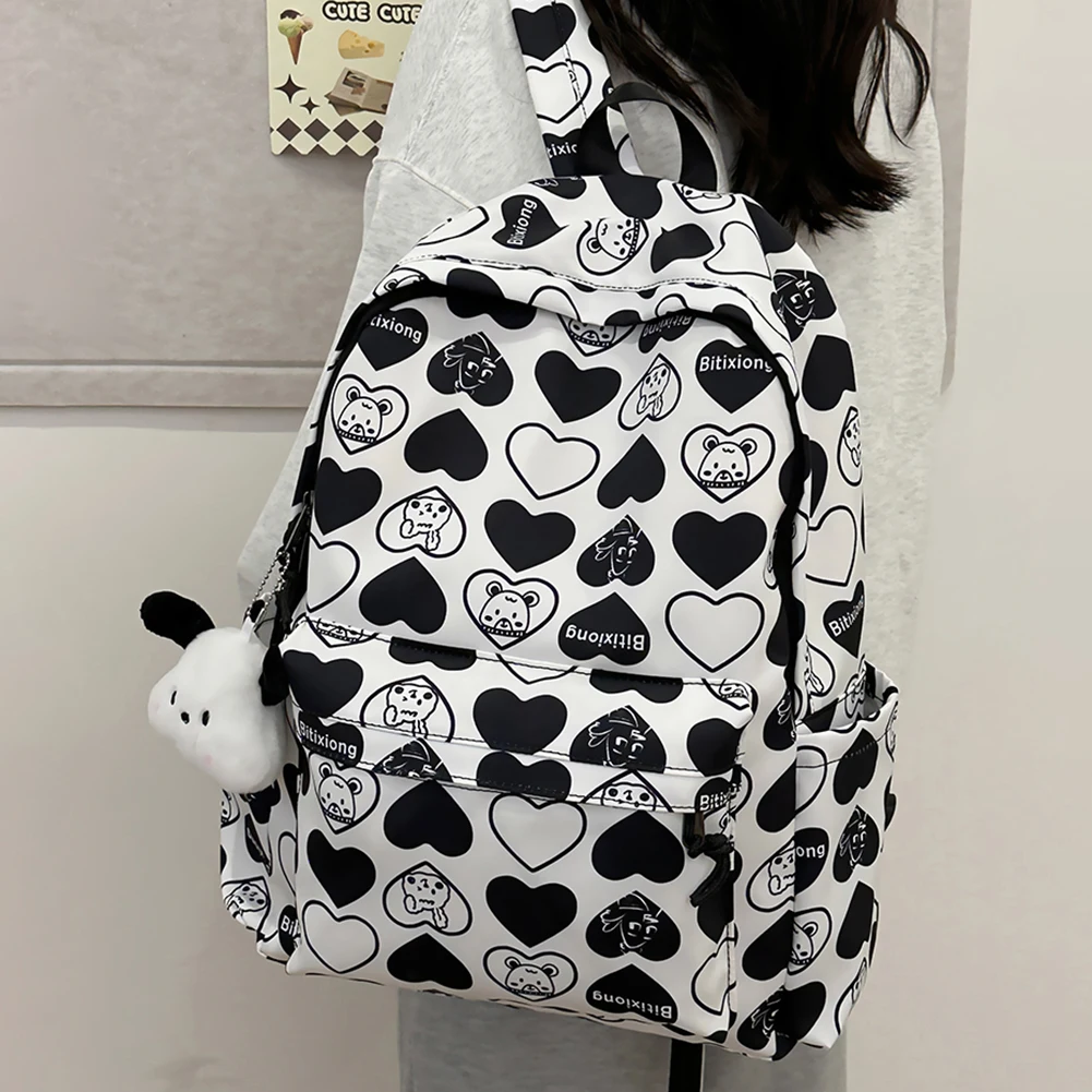 Daypack for Students Heart Pattern Shoulder Bag Nylon Adjustable Strap Large Capacity Rucksack