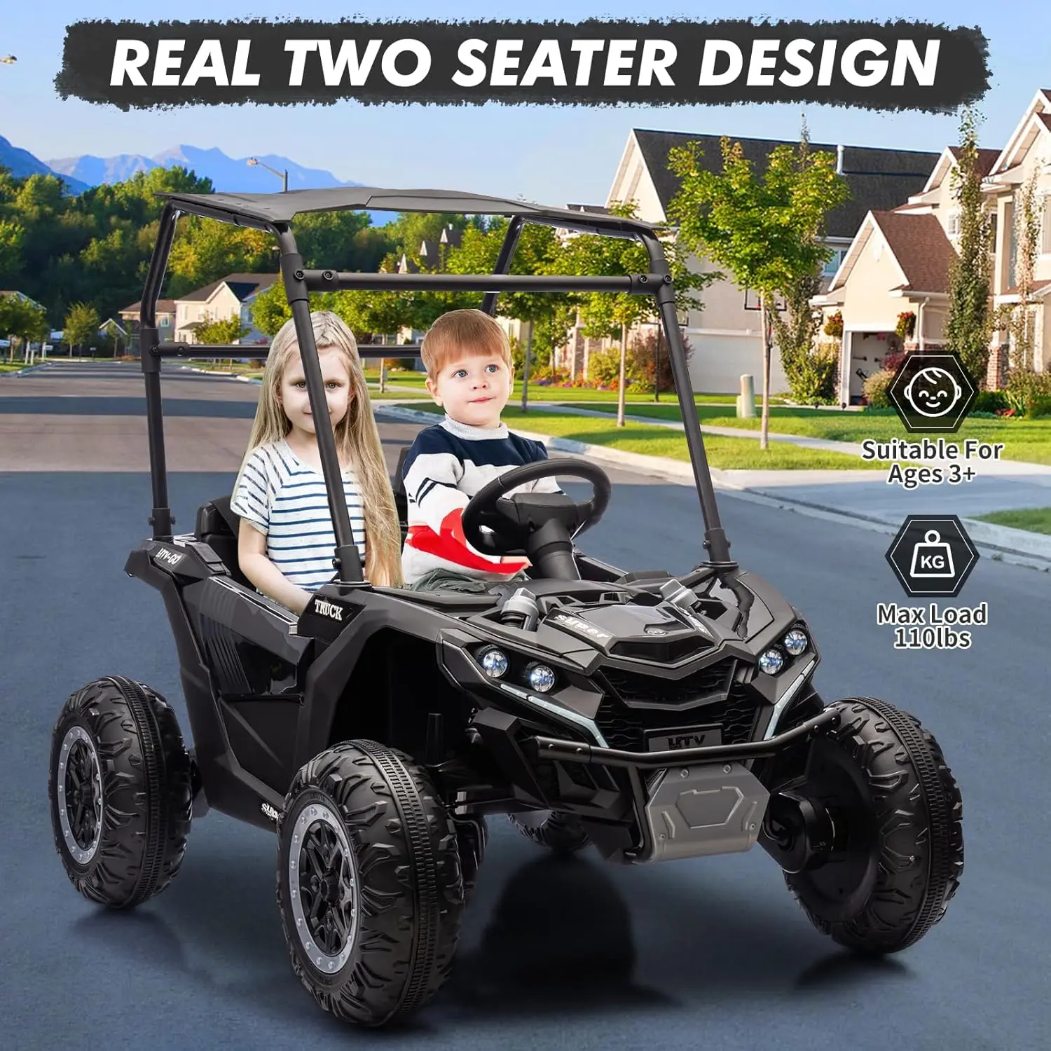 Voiture pour enfants 24V 2 places avec télécommande, camion électrique 4WD avec pare-soleil, jouet tout-terrain UTV avec choc à 4 roues
