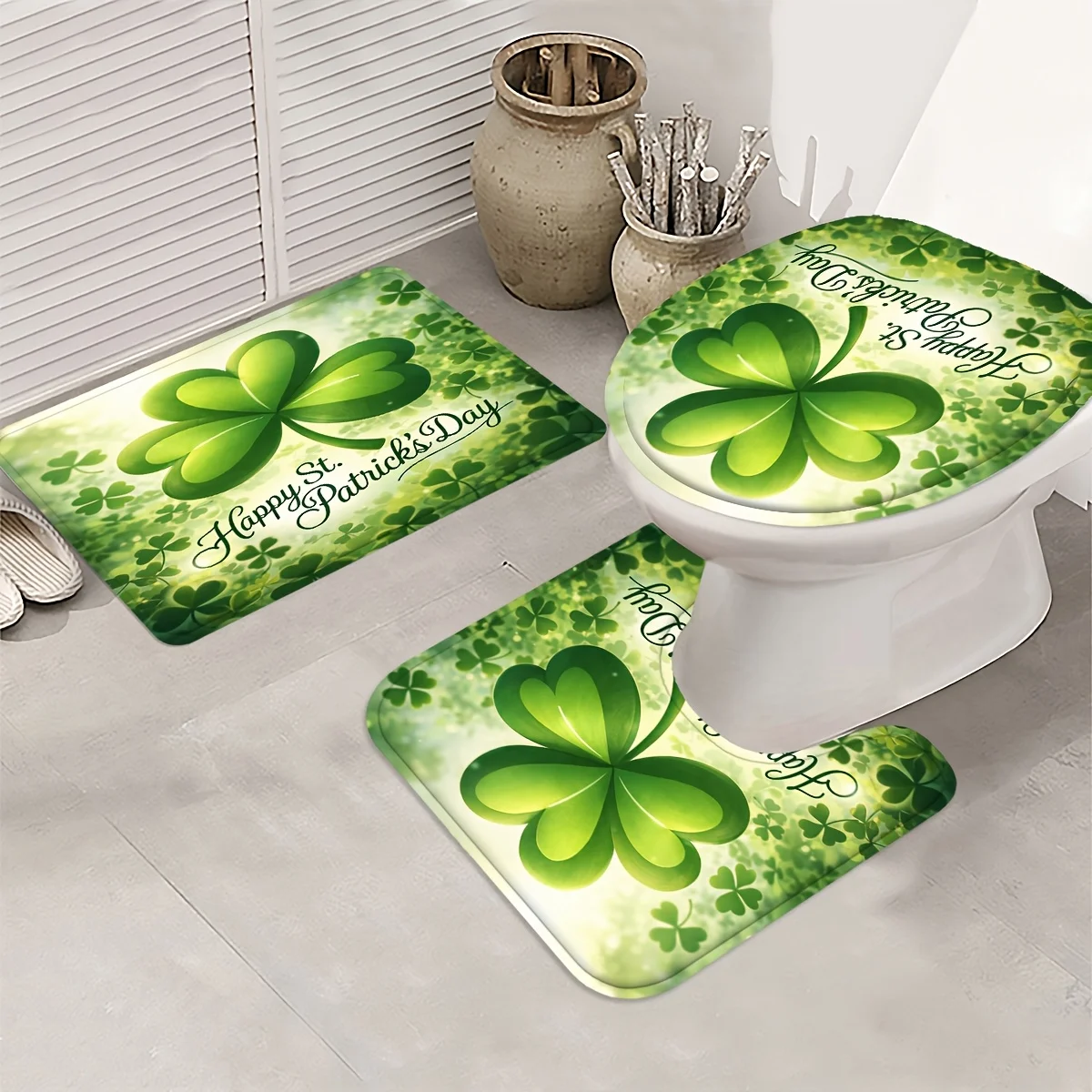 

St Patrick's Day Bathroom Mat Set Green Clover Toilet Cover Bath Rug Home Decor Seasonal Decor