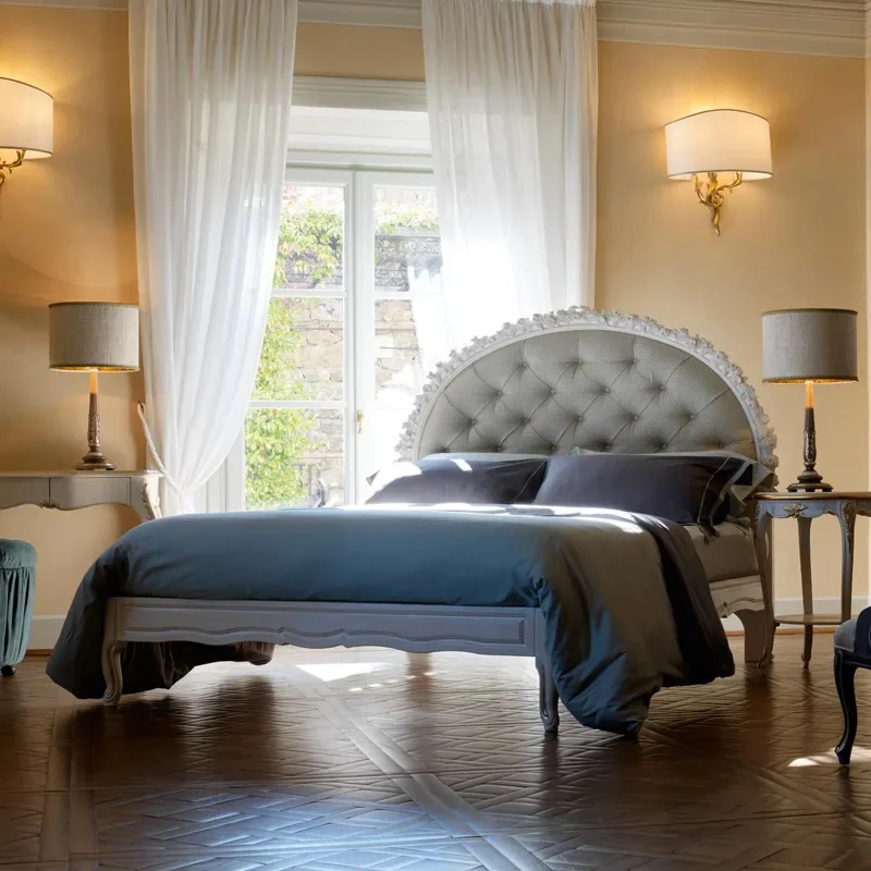 French court wood carving double bed, white gold villa furniture
