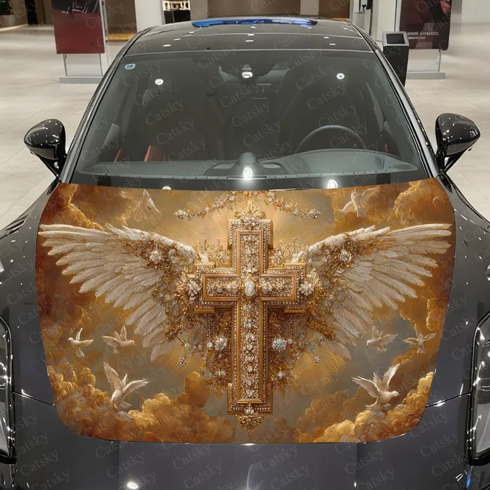 

Jeweled Cross Car Vinyl Wrap, PVC Waterproof Car Hood Sticker, Self-Adhesive Scratch-Resistant Stickers