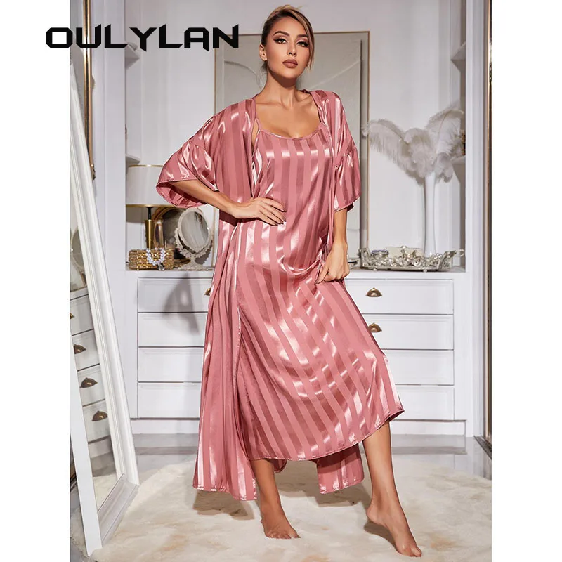 Luxury Strip Bathrobe 2pcs  Home Clothes Women's Imitation Silk Long Sleeved Sexy Pajamas  Sexy Strap Sleepwear