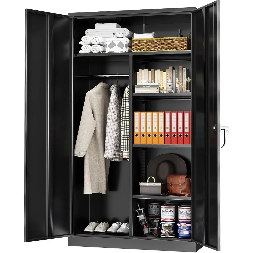 

Metal Wardrobe Cabinets with Doors and Hanging Rod,72" Clothing Locker Steel Wardrobe Bedroom Storage Cabinet