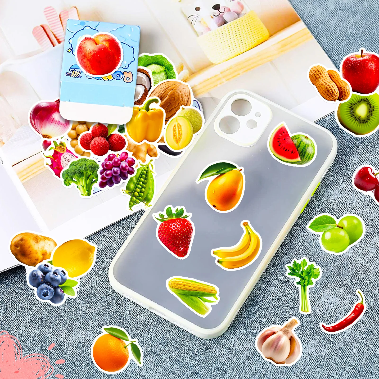 

50 Sheets Fruit Vegetable Stickers Kids Watermelon Avocado Double Offset Paper Easy Peel Stick Educational Fun Decor Storage