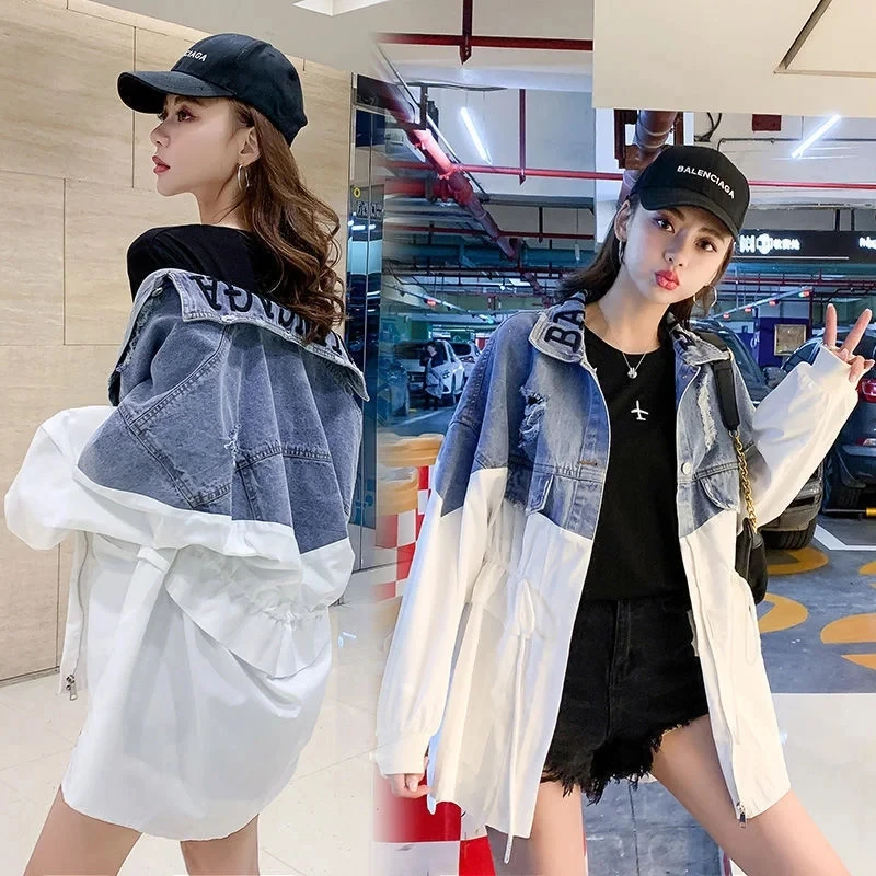 Fashion Medium Long Splicing Denim Jacket Female New Spring Autumn Loose All-Match Casual Cowboy Overcoat Female Windbreaker