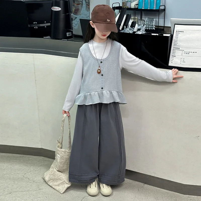 

2025 Children Girls 3pcs Outfit Autumn Junior Girl Round Neck Undershirt+Button Vest+Wide Leg Pant Junior Girls Casual Sets