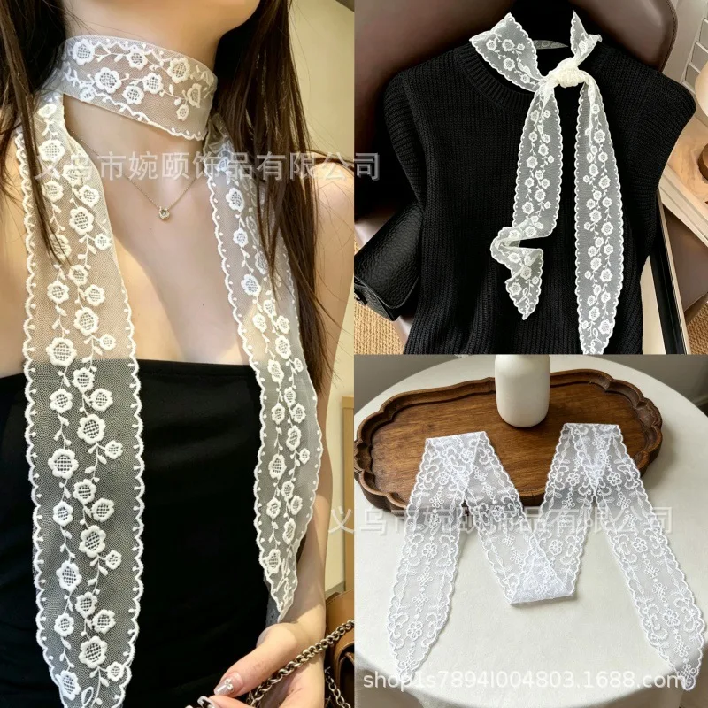 Lace Scarf Long Tie for Neck Waist Bag and Hair Wrap Delicate Lightweight Soft Breathable Versatile All Match Spring Autumn