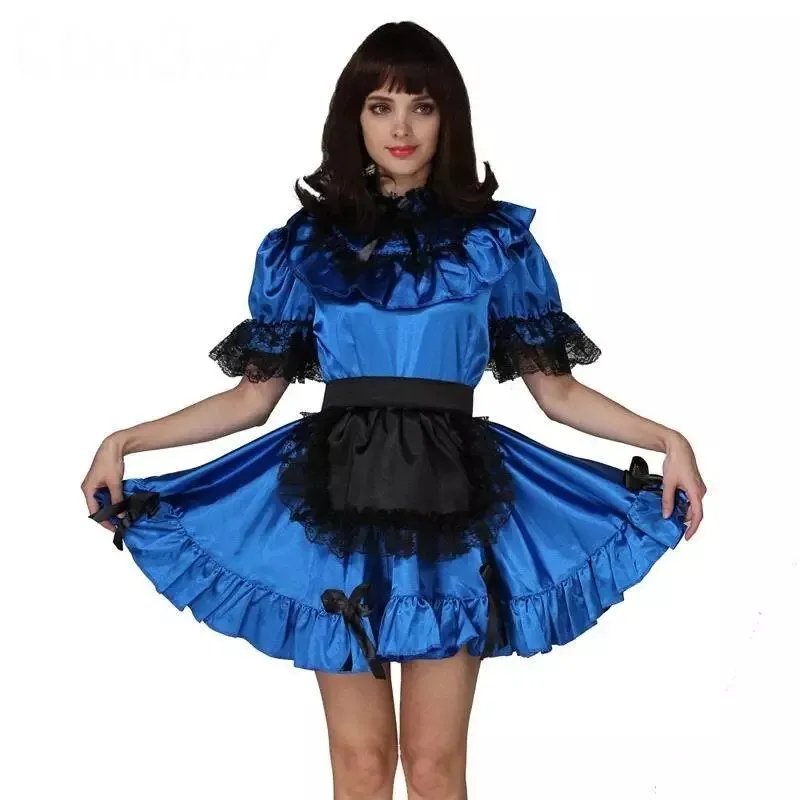 Sexy Sissy Französisches Dienstmädchen, blaue Satin-Spitzenmanschetten, abschließbares Kleid mit Rüschenrand, Dienstmädchen-Cosplay-Kostüm, anpassbar
