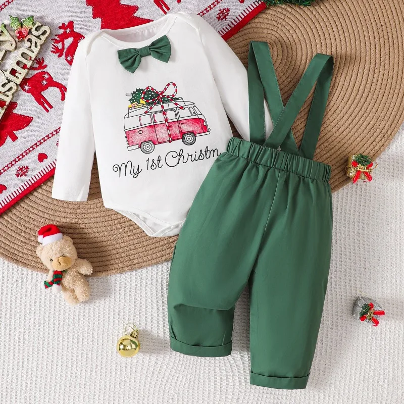 Newborn Baby Boy Party Outfit White Shirt with Christmas Gift Box Print Green Suspender Pants Bow Tie Xmas Holiday Clothes 0 36M