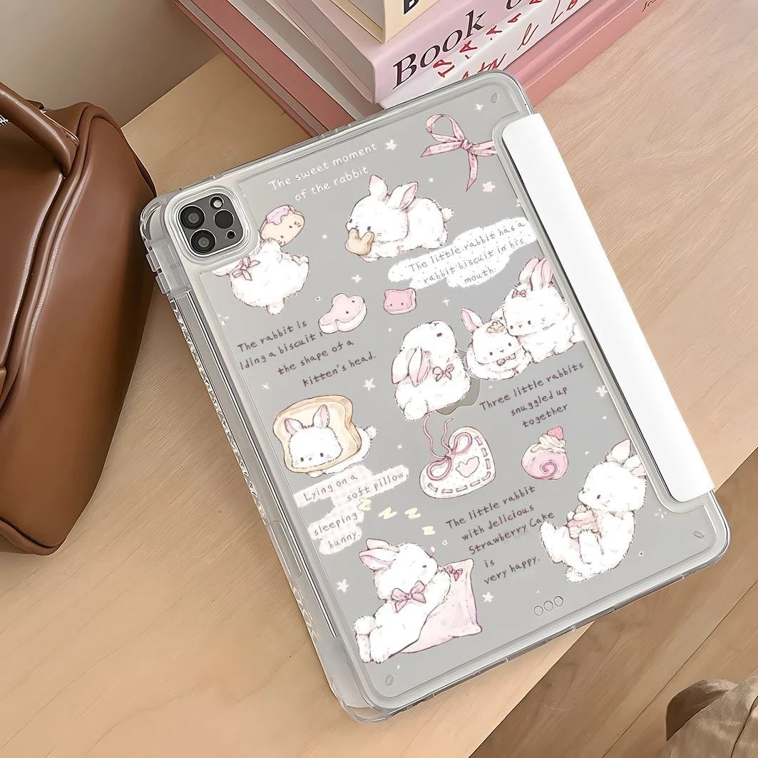 Cute Rabbit Bow Tablet Case For iPad Pro 11 12.9 13 A16 M2 M4 M3 M5 Shell 8.3 9.7 10.2 5/6/7/8/9/10/11th Mini Air 3 4 5 6 Cover