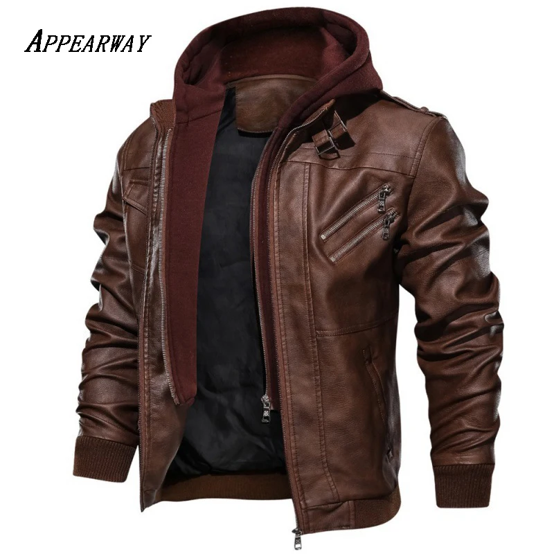 APPEARWAY Spring Antumn Men Brown Leather Motorcycle Jacket With Removable Hooded Male PU Jacket Coat EU Size High Quality