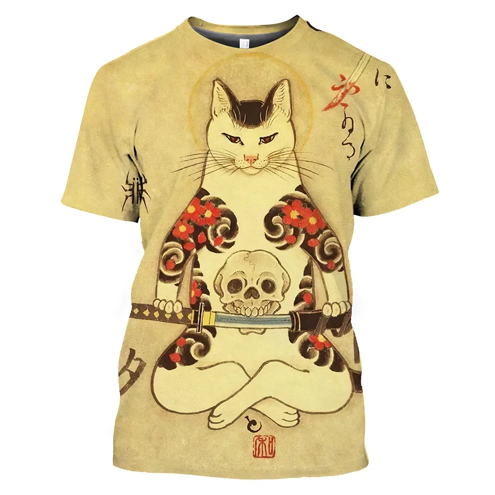 New Vintage T Shirt Men Japanese Style Short Sleeve Tops 3D Cat Tattoo Print O-neck T-shirts Oversized Tee Shirt Men Clothing