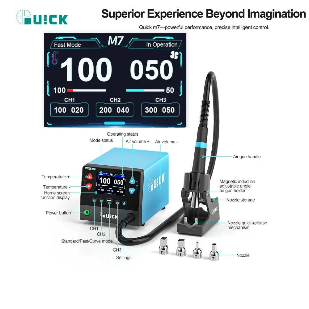 

QUICK M7 1000 Вт интеллектуальная бессвинцовая станция для распайки горячим воздухом с насадками для чипа BGA электронная печатная плата SMD ремонт пайки