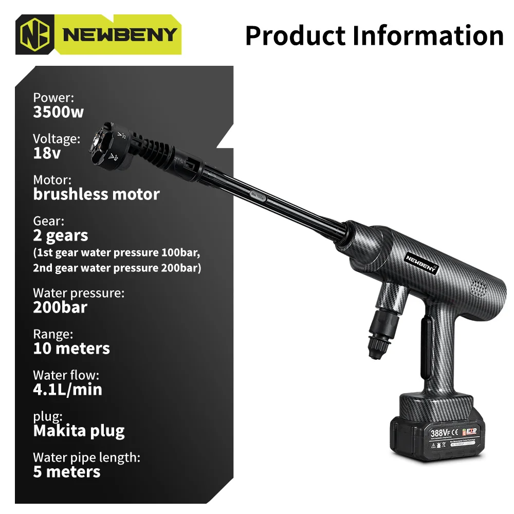 NEWBENY 200Bar 6 IN 1 Brushless High Pressure Car Washer Gun 2 Gears  Garden Cleaning Irrigation Tool For Makita 18V-21V Battery