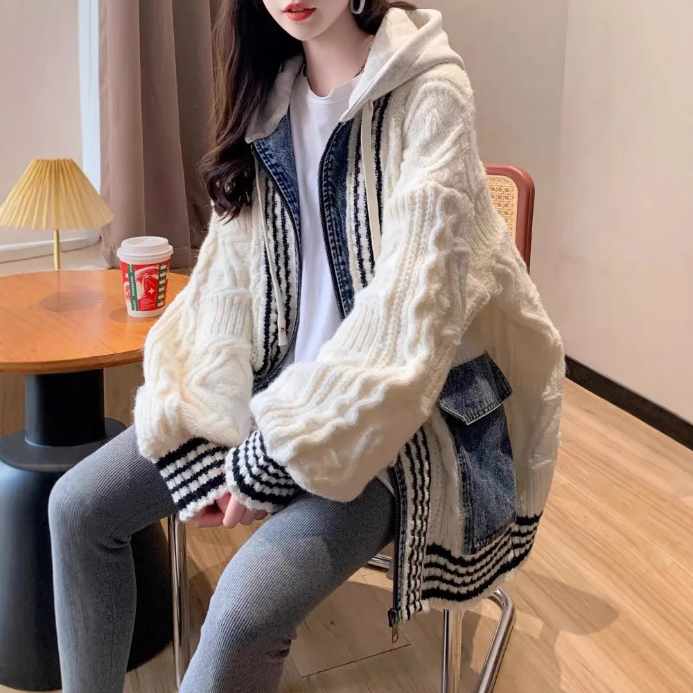 Cardigan feminino com capuz casacos de malha com zíper manga cheia jumpers y2k streetwear elegante malha casual aberto stith outono inverno