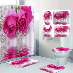 Valentine's Day Rose  Shower Curtain HeartBath Sets Waterproof Non-Slip Bathroom Rug Toilet U  With 12 Hooks Home Deco Free Ship