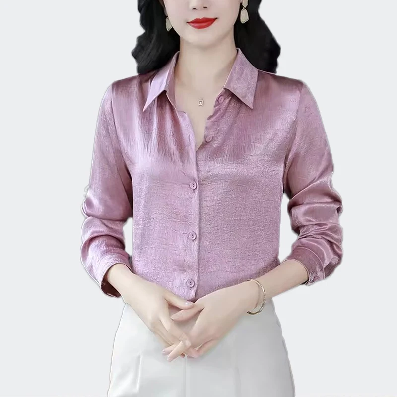 Pieghe chic Camicie in raso morbido Donna Elegante manica lunga Moda coreana Camicette da donna 2025 Office Lady Basic Top Abbigliamento vintage