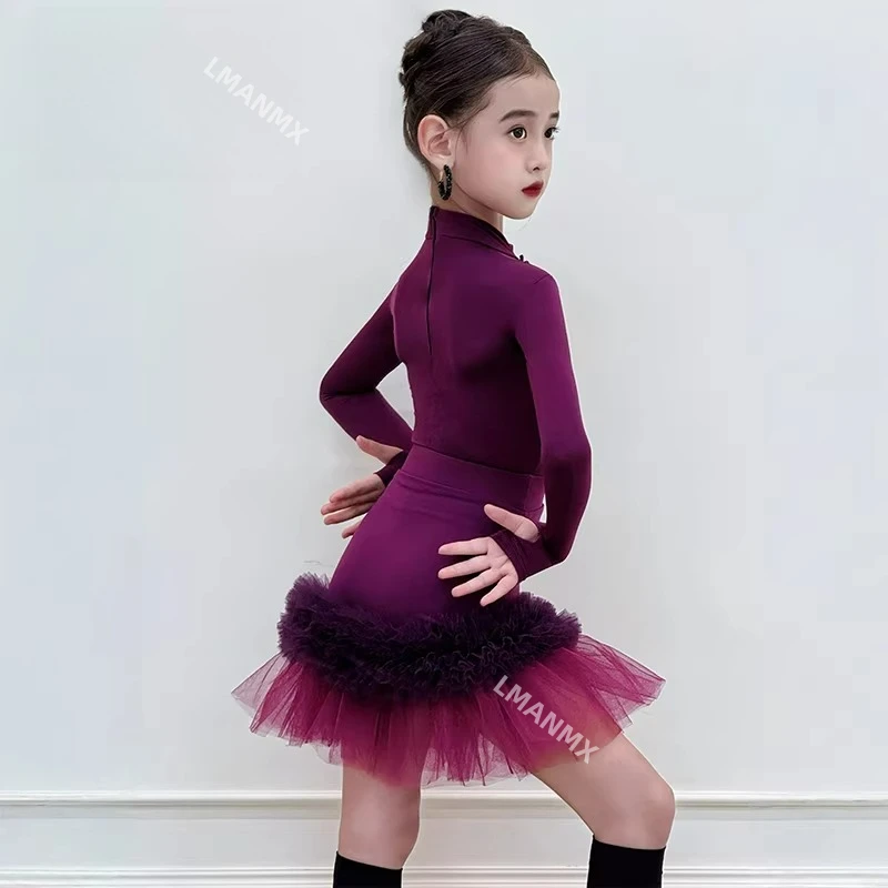 2025 Autumn/Winter New Latin Dance Dress Children's Long Sleeve Mesh Practice Dress Girls' Dance Performance Dress