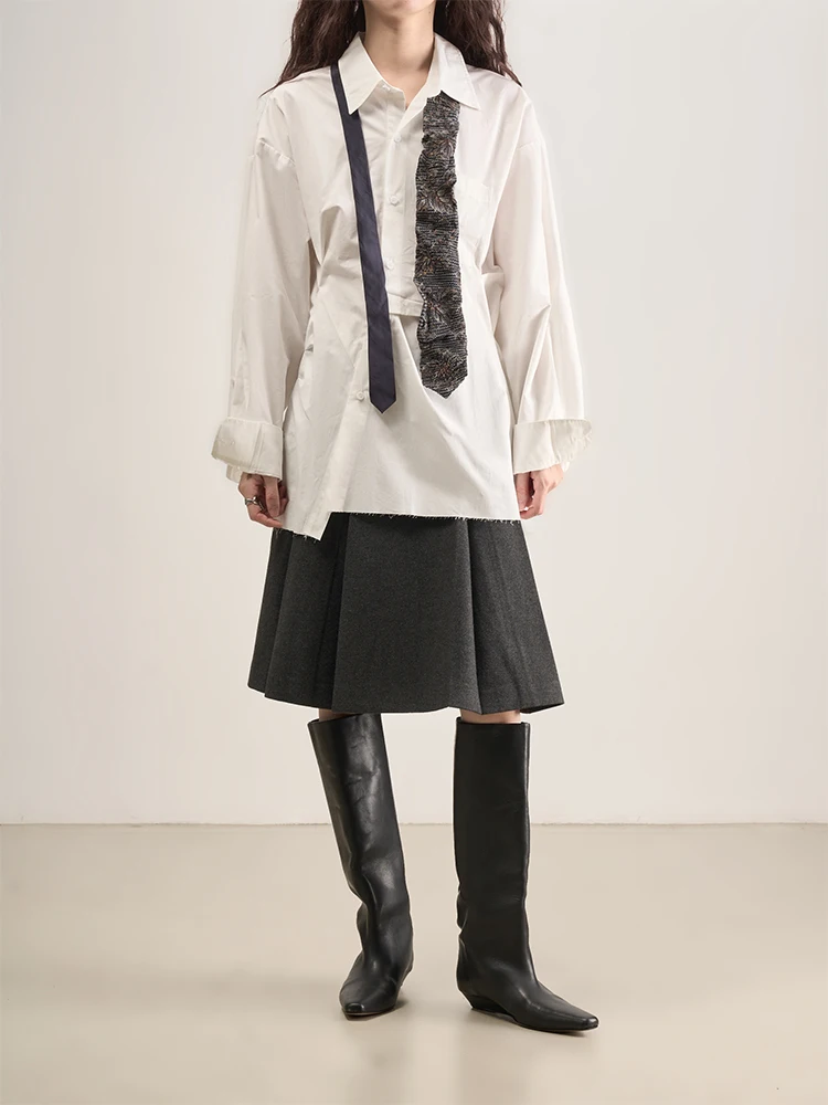 

Modern Design Street Walk Long Sve irt LANVIVIER Artistic Luxury Pleated 3D Loose Fit Cotton Women's irt