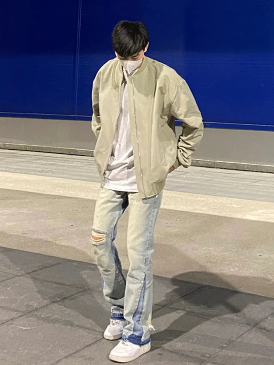 

Винтажные американские бейсбольные майки Sle Street, мужские весенне-осенние джинсы для пилотов High Street Vibe, модные брендовые длинные длинные рубашки из полиэстера...