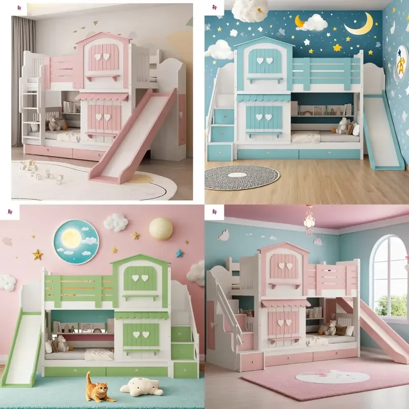 All Solid Wood Children's Bunk Bed Multifunctional Castle Slide Bed for Kids