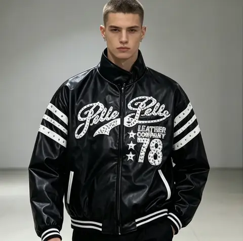 Black jacket with rhinestone letter print Pelle 78 baseball jacket, striped streetwear, oversized stand up collar casual jacket
