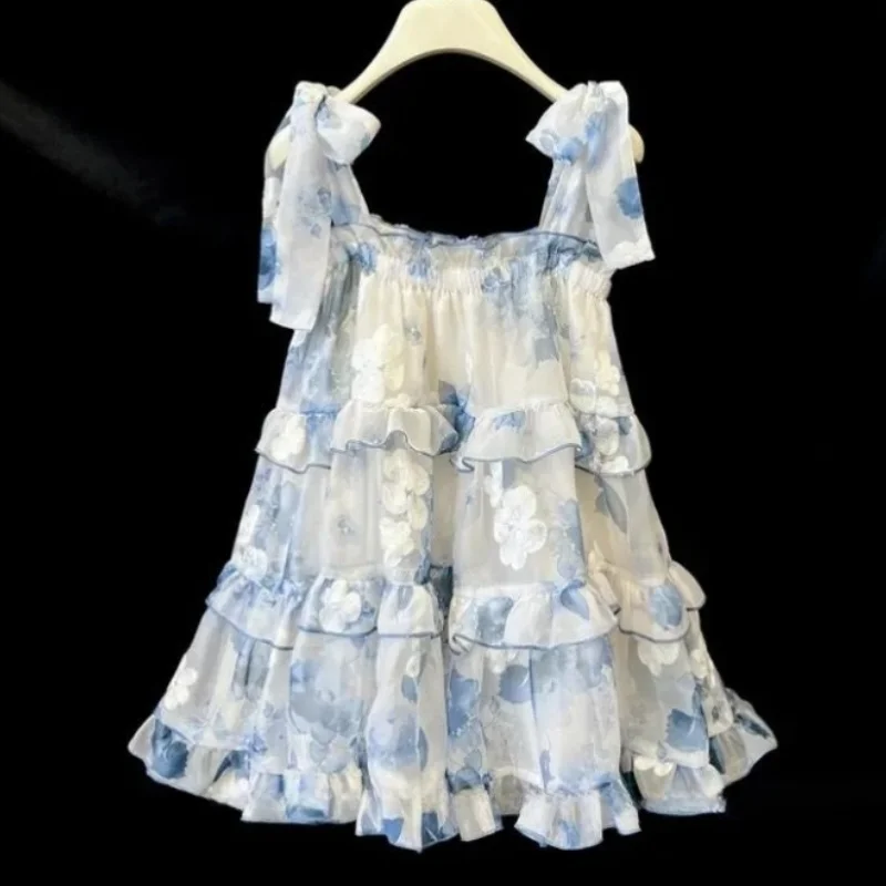 

Baby Blue Printed Dreamy Princess Dress Mesh Strap Flower Skirt Girl Party Ceremony Frock Child Ruffle Edge-skirt Exquisite Gift