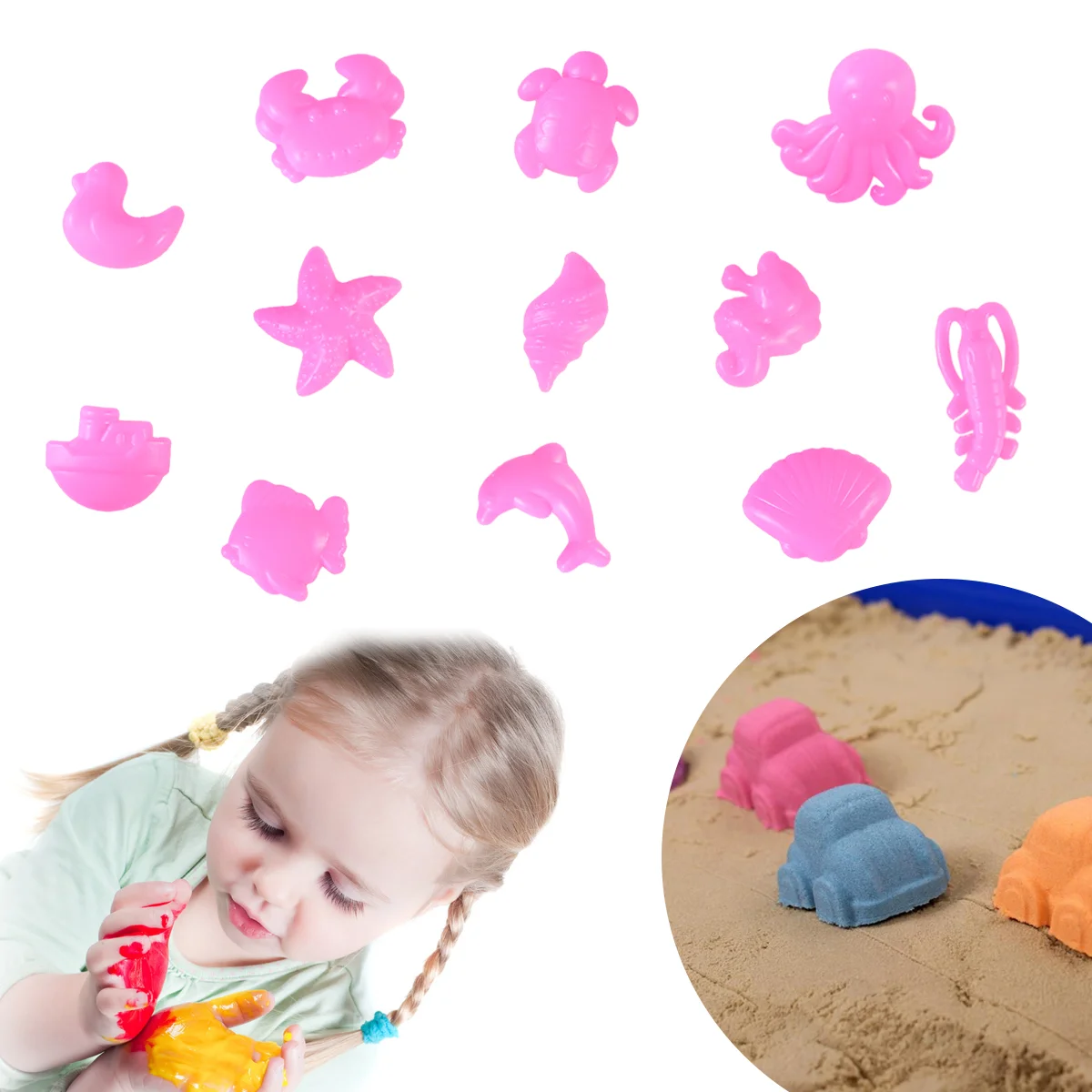 12pcs Play Sand Molds Beach Sand Toys Set Sand Tray Toys Sand Molds Set for Kids(Small/Ocean/ Random Color)