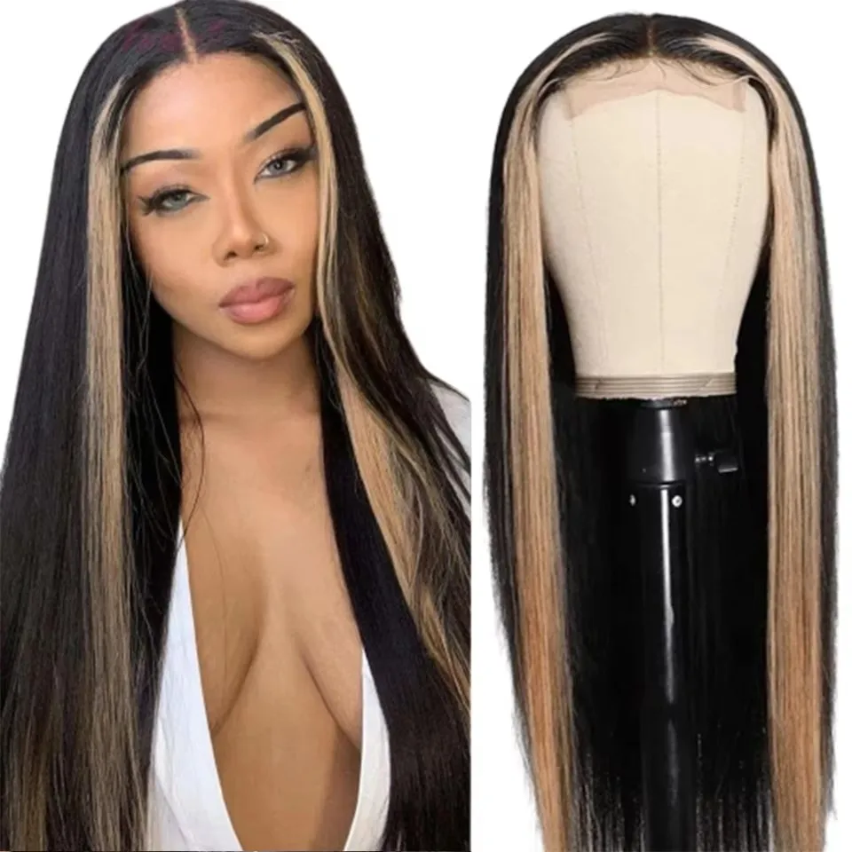 

Blonde Stripe Highlight Straight Lace Front Wig Preplucked HD Lace Brazilian Honey Blonde Straight Lace Wig For Women Density180