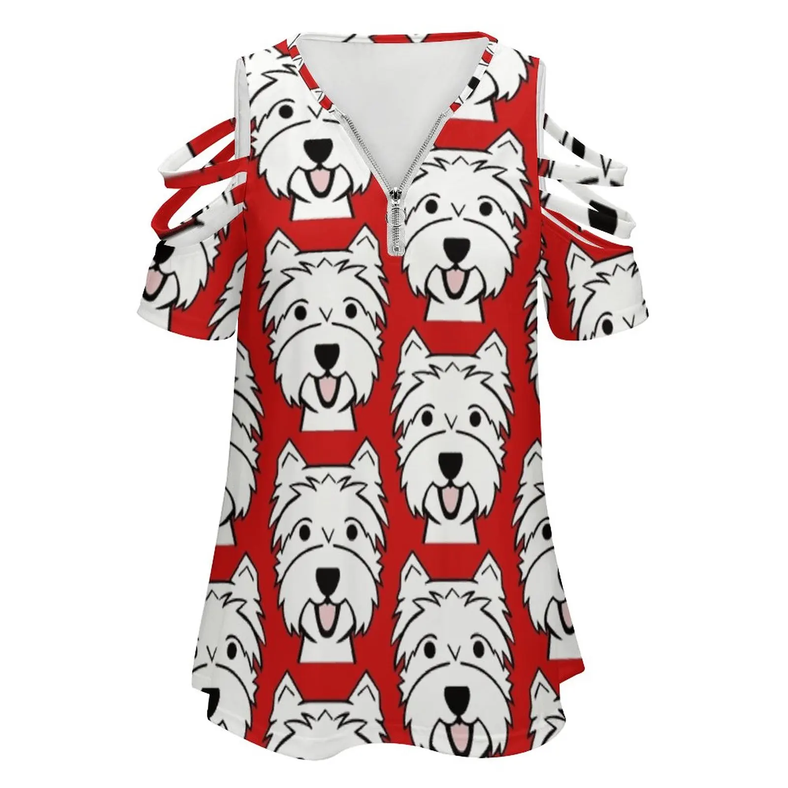 West Highland Terrier-Westies-Westie Dogs-Red Background Women Zipper Sexy Printed Vintage T Shirts Tops Full Print T-Shirt